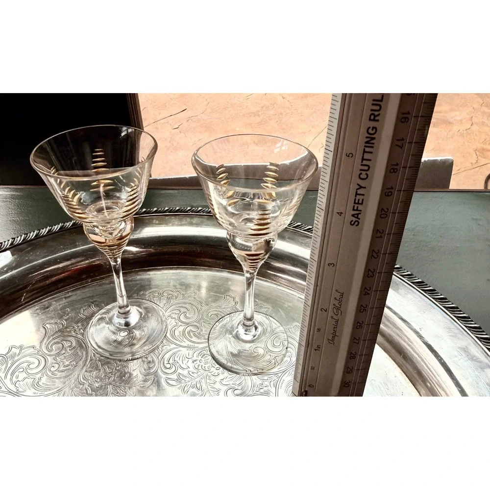 Vintage Cordial Glasses Set 4 Gold Leaf Etched Stemware Aperitif Liqueur Barware